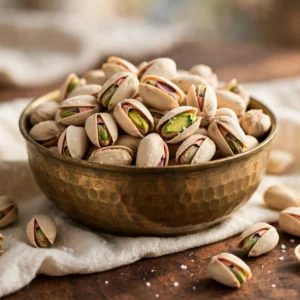 Salted pistachios, Namkeen Pista, in shell in a rustic brass bowl with green kernels visible