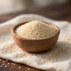White sesame seeds, Safed Til, in a rustic clay bowl with cream-white seeds scattered on cream linen