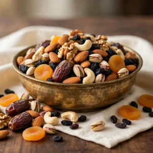 Premium Balochistan Dry Fruit Mix in a rustic brass bowl with almonds, walnuts, cashews, pistachios, dates, dried apricots and black raisins