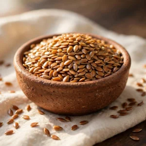 Flax seeds, Alsi, in a rustic clay bowl with golden-brown seeds scattered on cream linen
